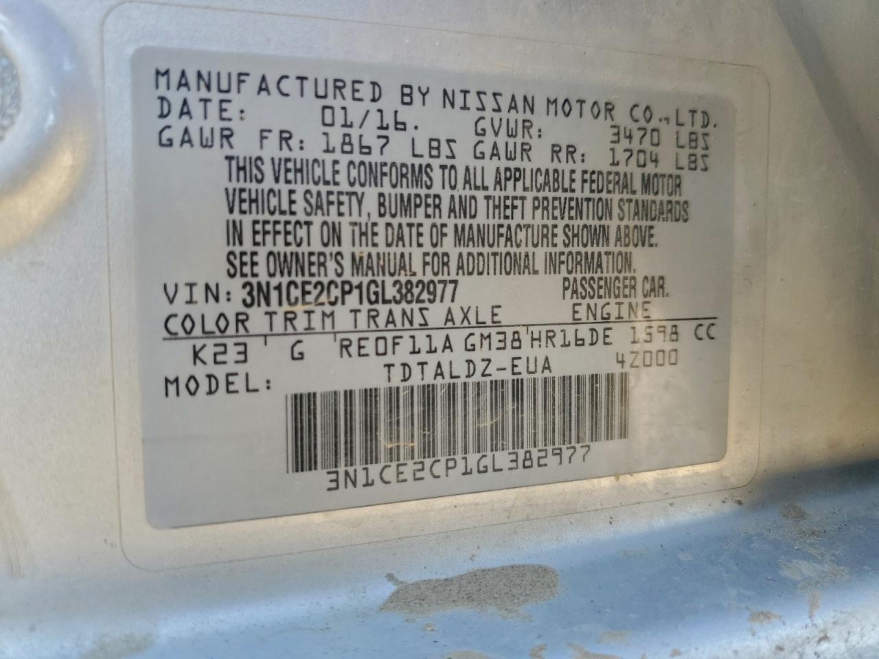 2016 Nissan Versa Note S VIN: 3N1CE2CP1GL382977 Lot: 97390355