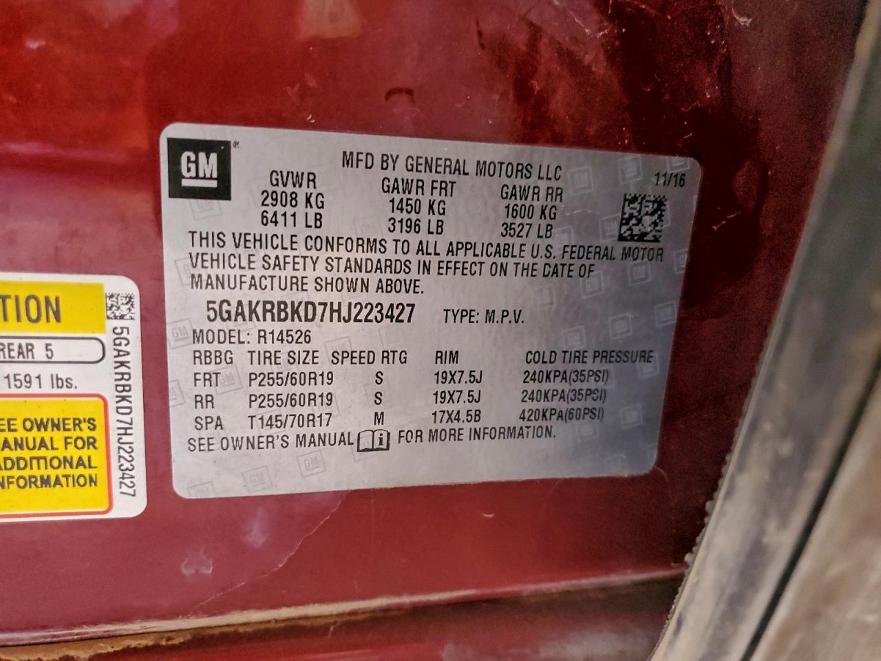 2017 Buick Enclave VIN: 5GAKRBKD7HJ223427 Lot: 96363245