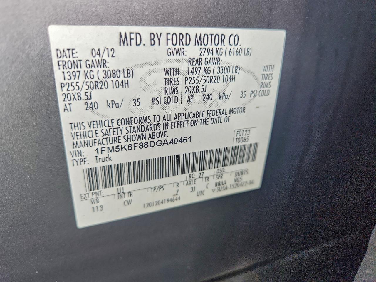 2013 Ford Explorer Limited VIN: 1FM5K8F88DGA40461 Lot: 93910865