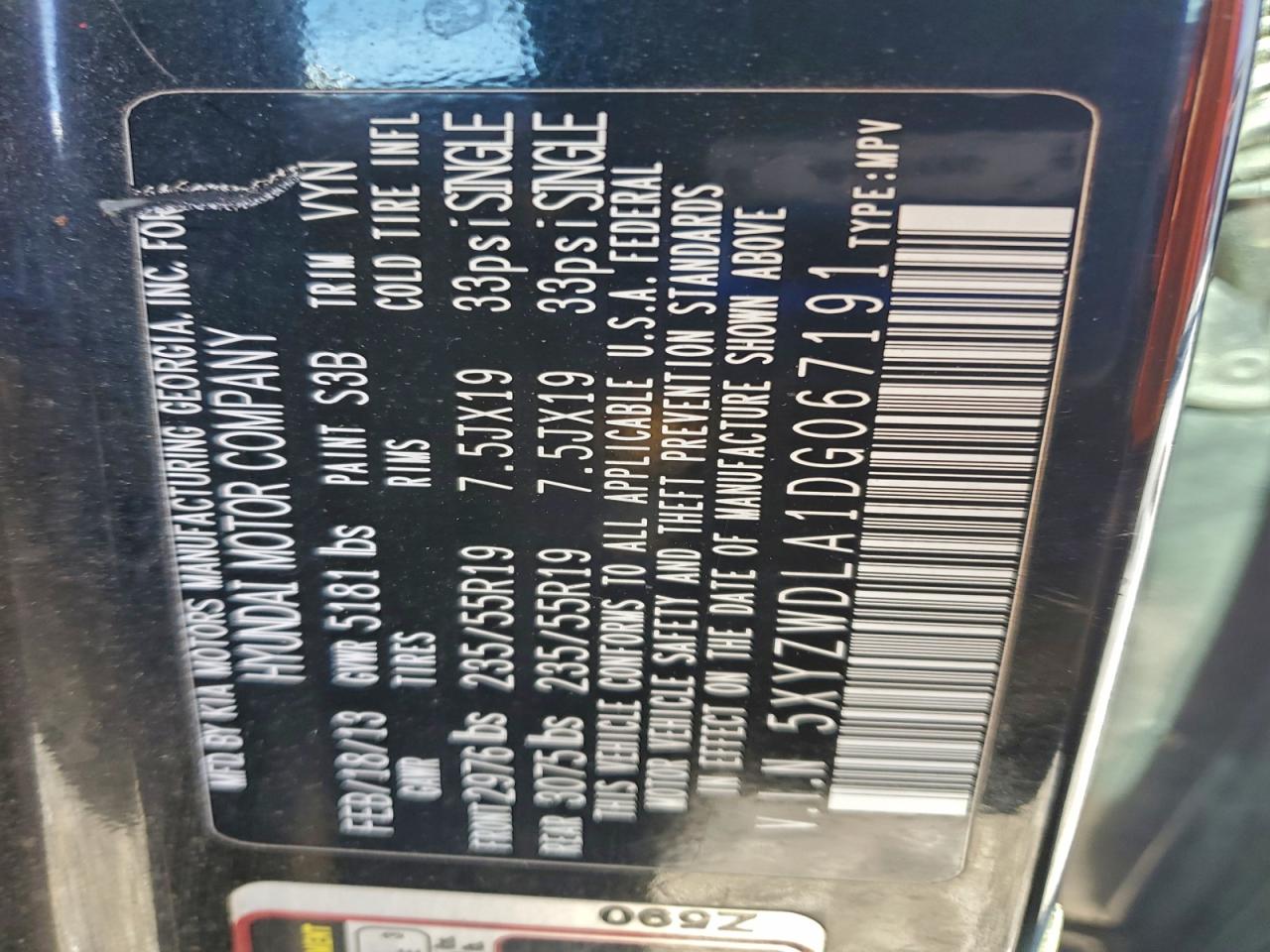 2013 Hyundai Santa Fe Sport VIN: 5XYZWDLA1DG067191 Lot: 97486365