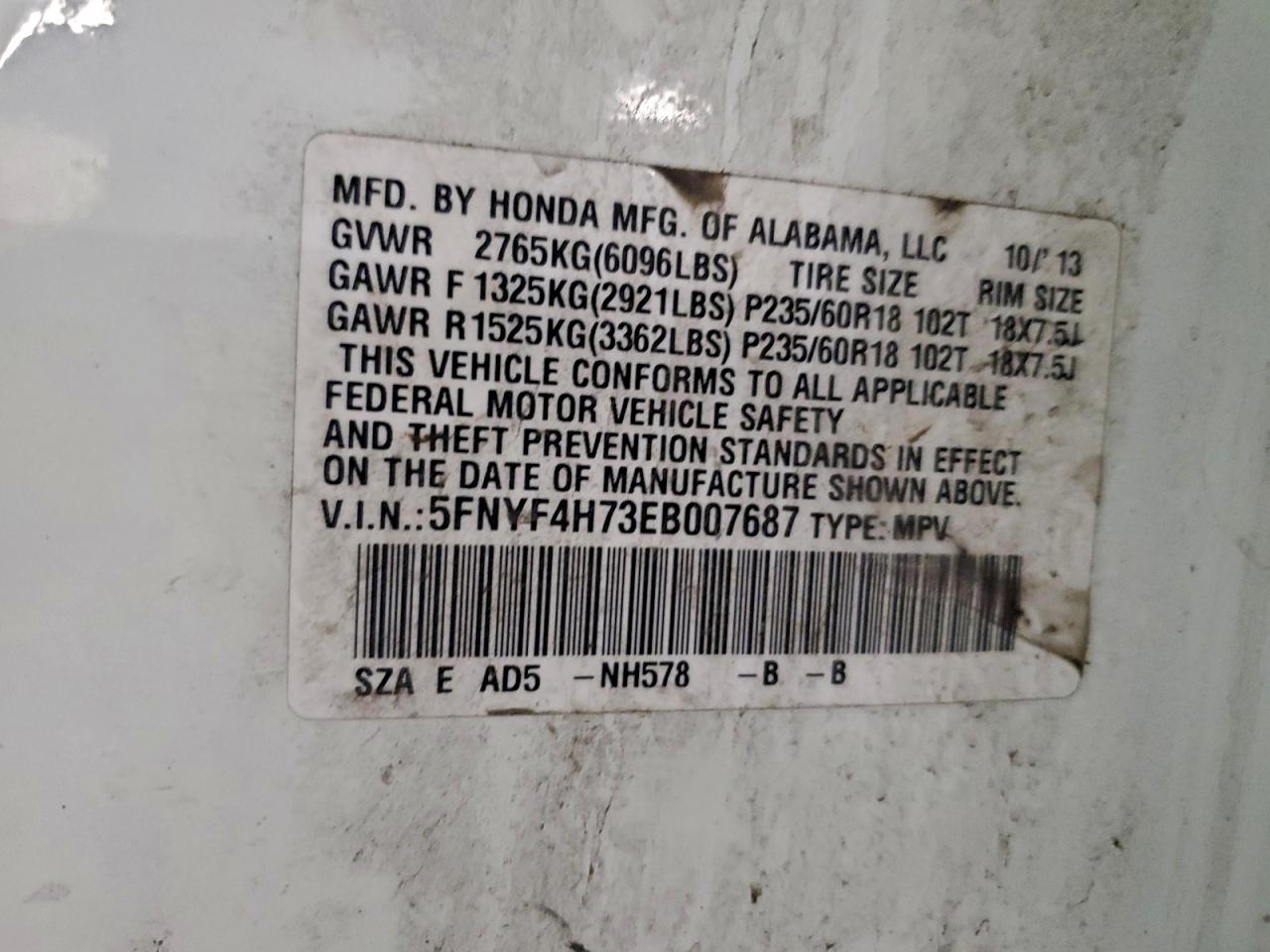 2014 Honda Pilot Exln VIN: 5FNYF4H73EB007687 Lot: 95403785