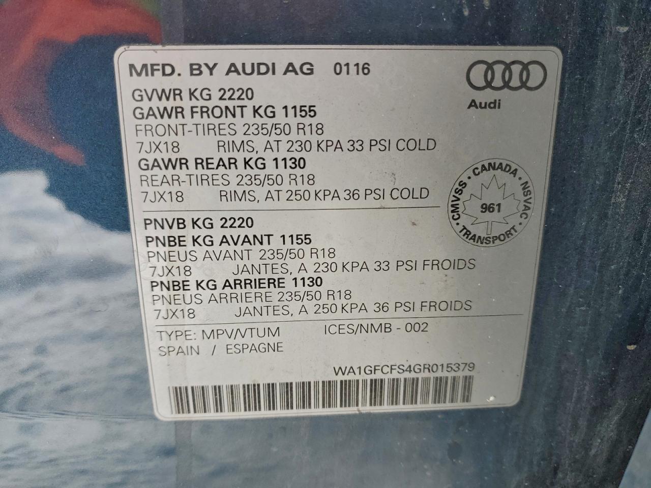 2016 Audi Q3 Prestige VIN: WA1GFCFS4GR015379 Lot: 94411225