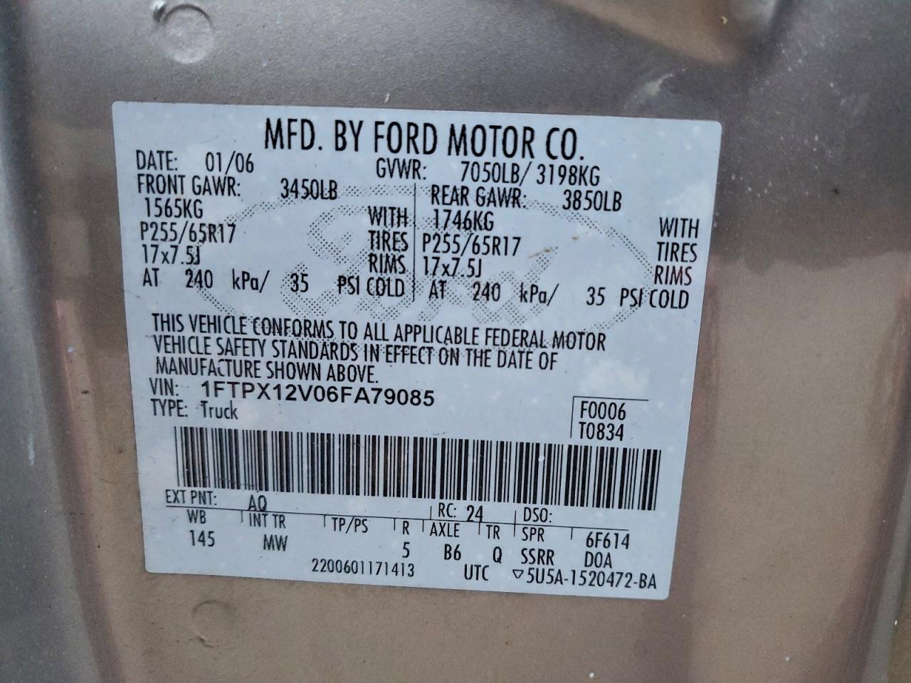 2006 Ford F150 VIN: 1FTPX12V06FA79085 Lot: 94281265