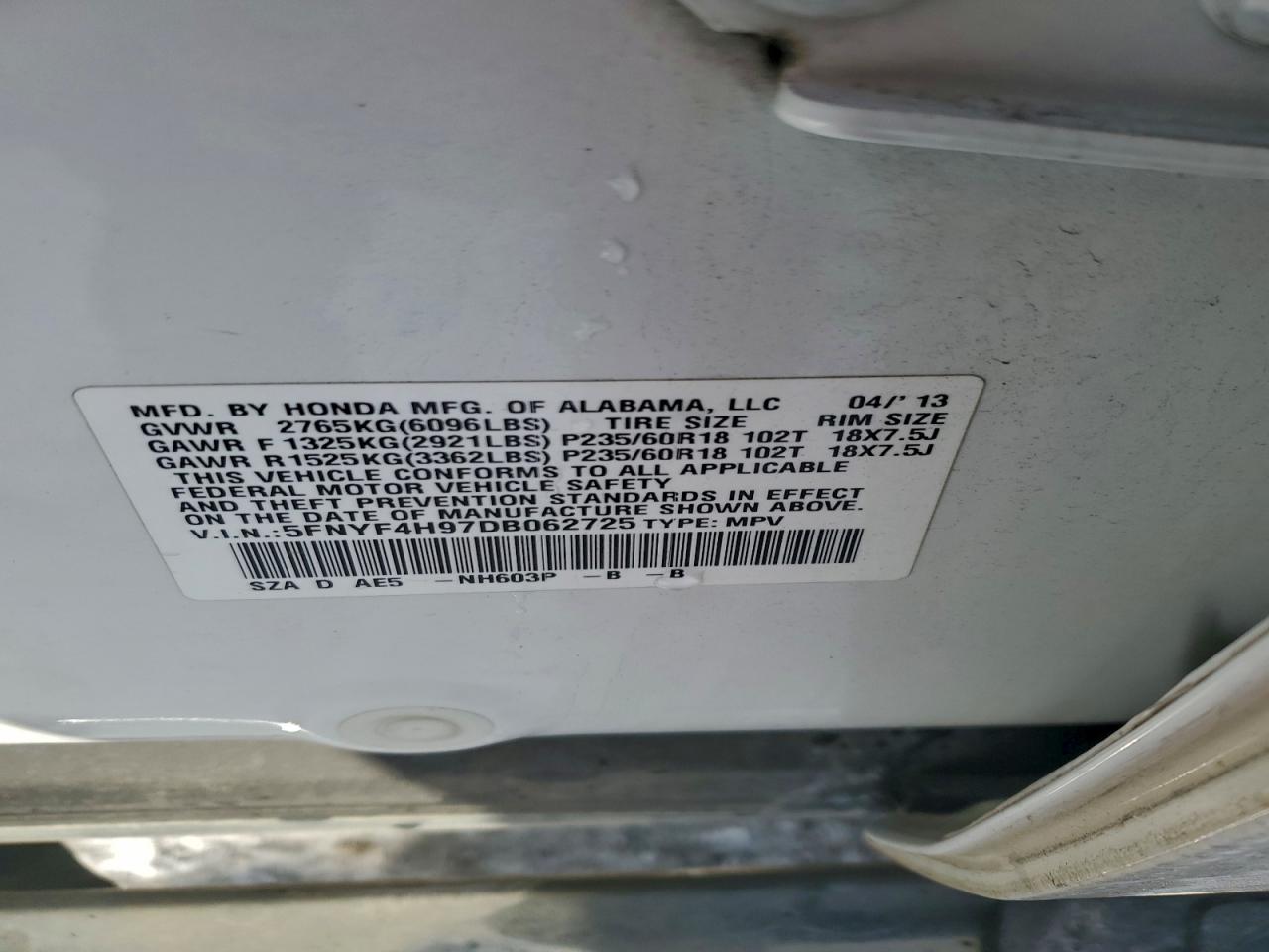 2013 Honda Pilot Touring VIN: 5FNYF4H97DB062725 Lot: 94474145