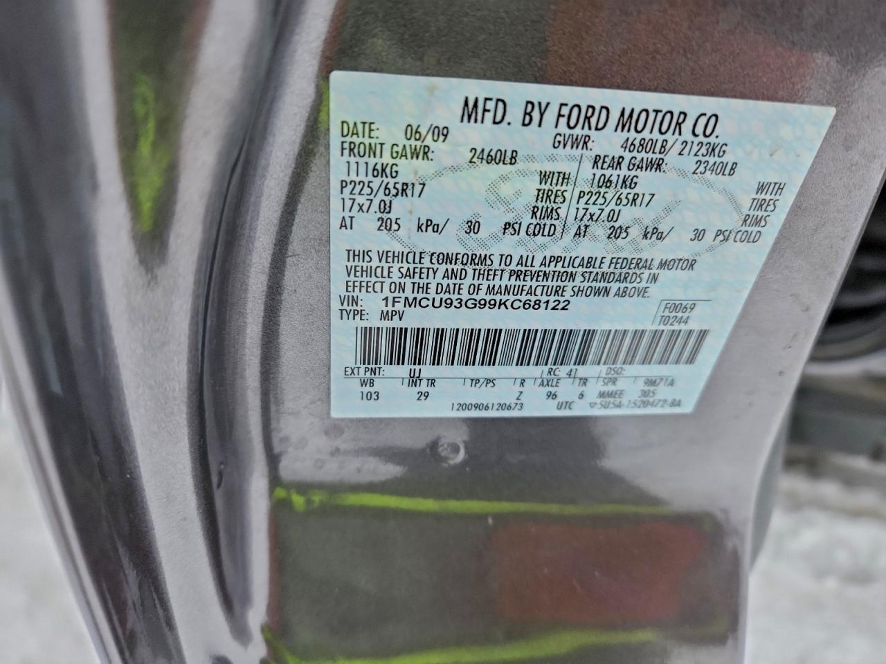 2009 Ford Escape Xlt VIN: 1FMCU93G99KC68122 Lot: 92750845