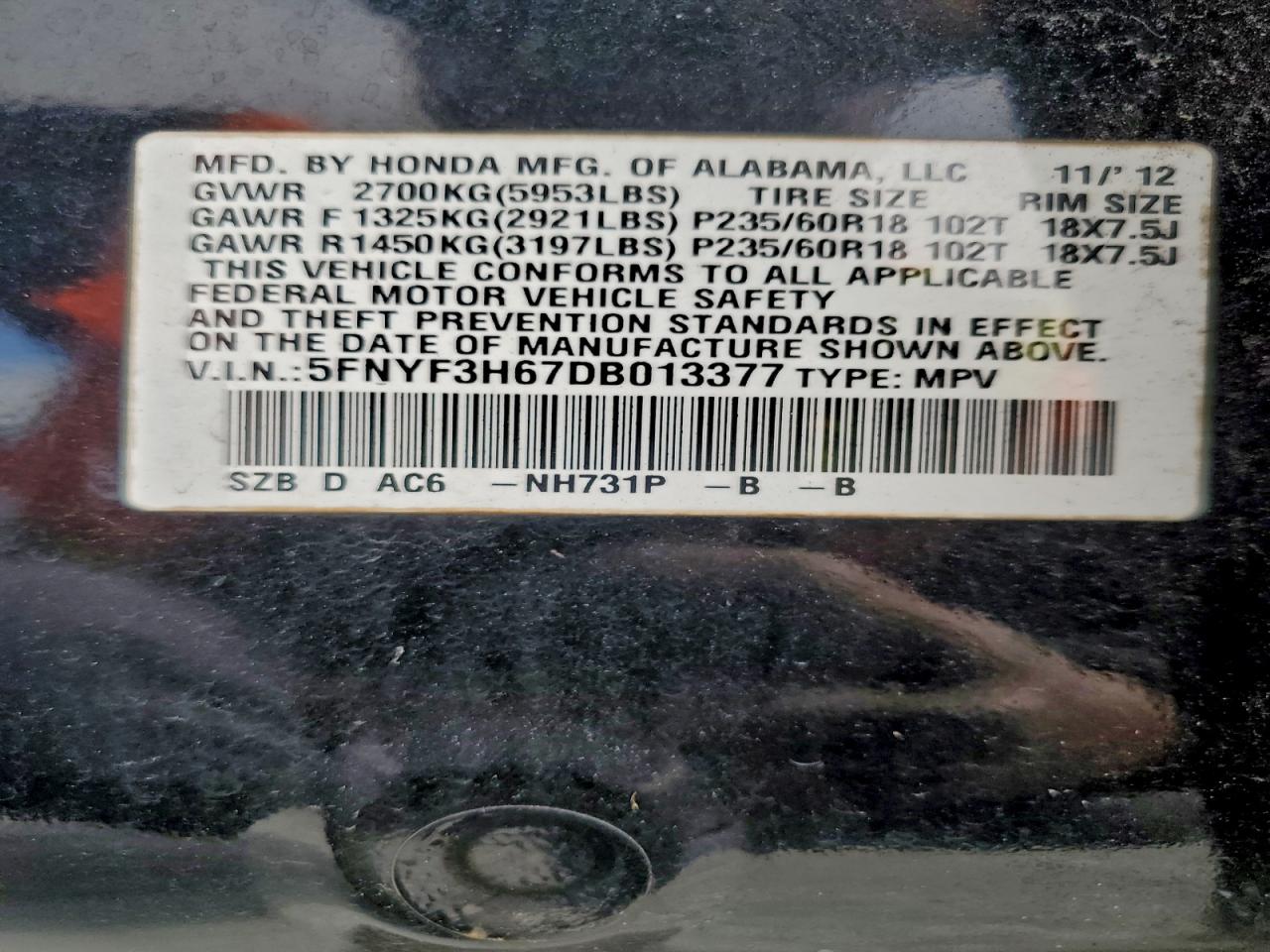 2013 Honda Pilot Exl VIN: 5FNYF3H67DB013377 Lot: 96268675