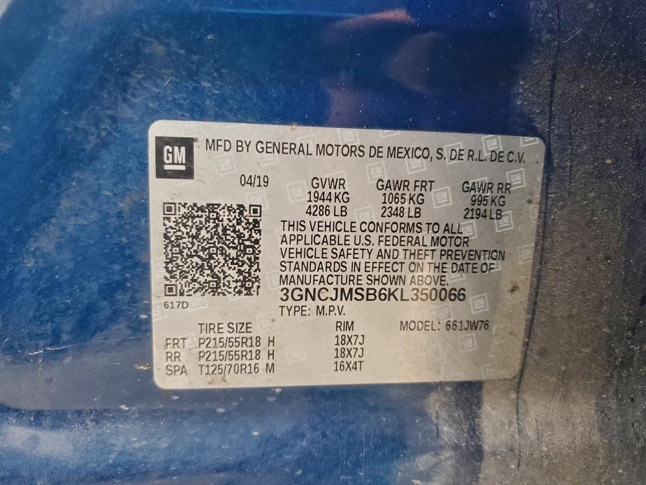 2019 Chevrolet Trax Premier VIN: 3GNCJMSB6KL350066 Lot: 95111595