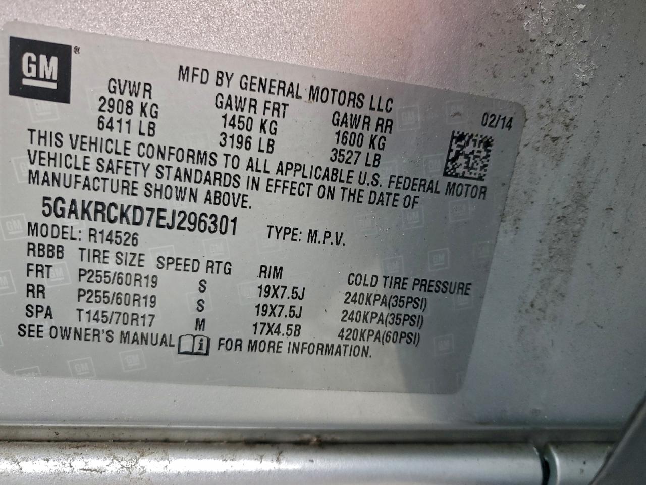 2014 Buick Enclave VIN: 5GAKRCKD7EJ296301 Lot: 95385565