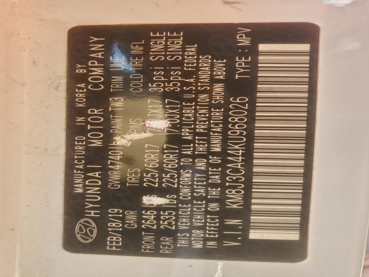 2019 Hyundai Tucson Limited VIN: KM8J3CA44KU968026 Lot: 94959635