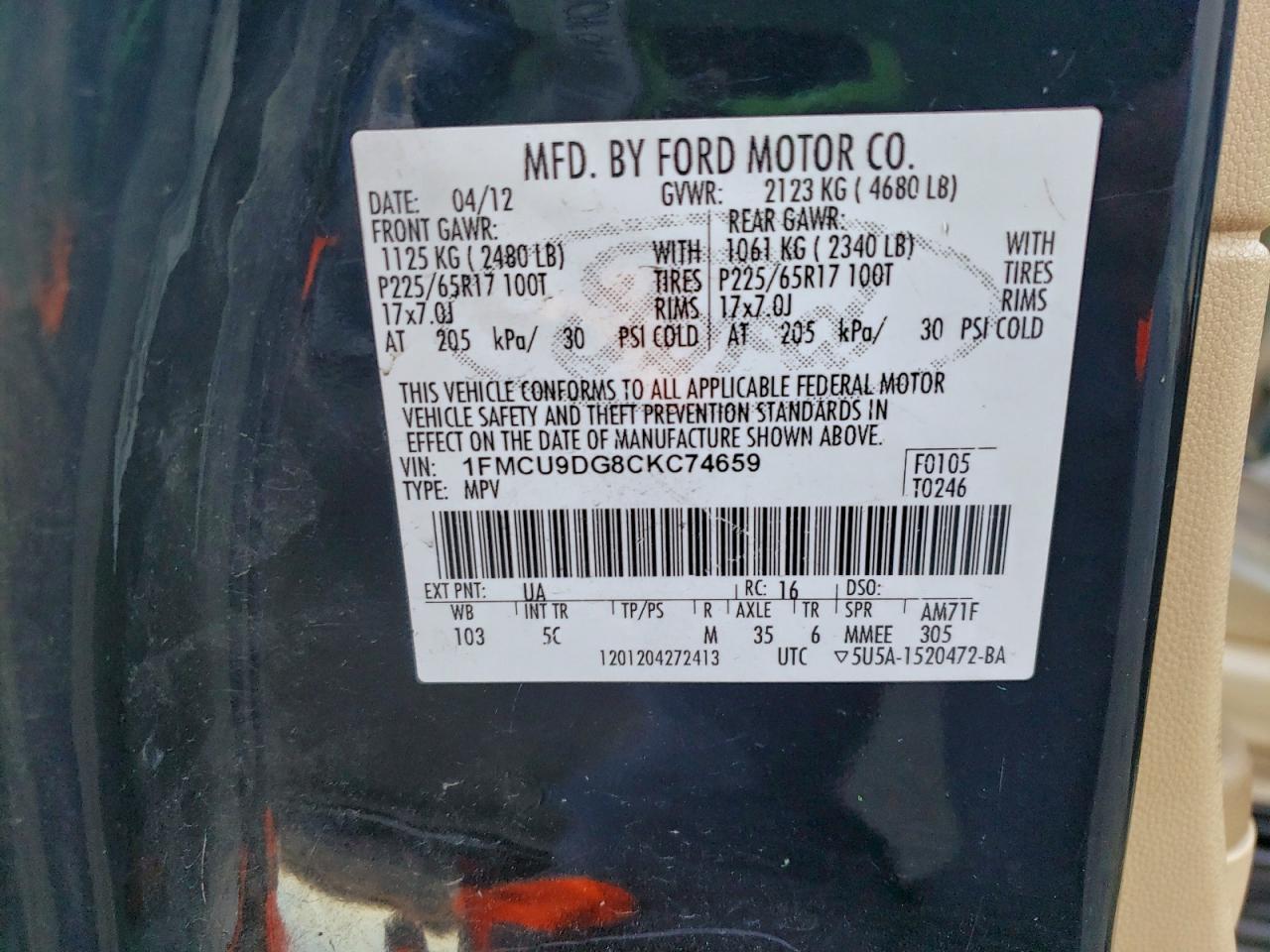 2012 Ford Escape Xlt VIN: 1FMCU9DG8CKC74659 Lot: 94401475