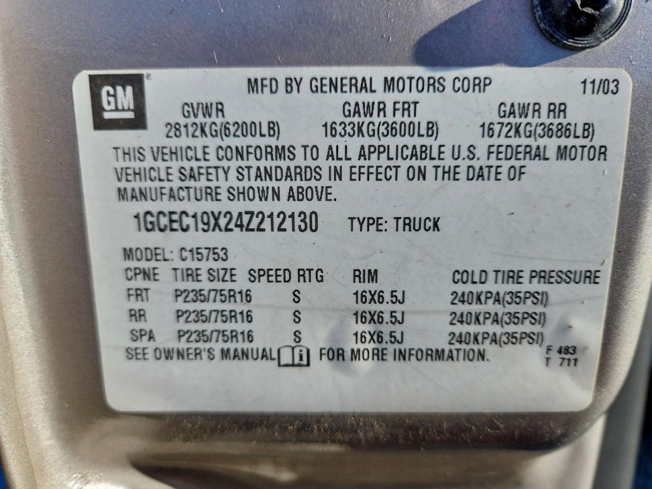 2004 Chevrolet Silverado C1500 VIN: 1GCEC19X24Z212130 Lot: 96456255