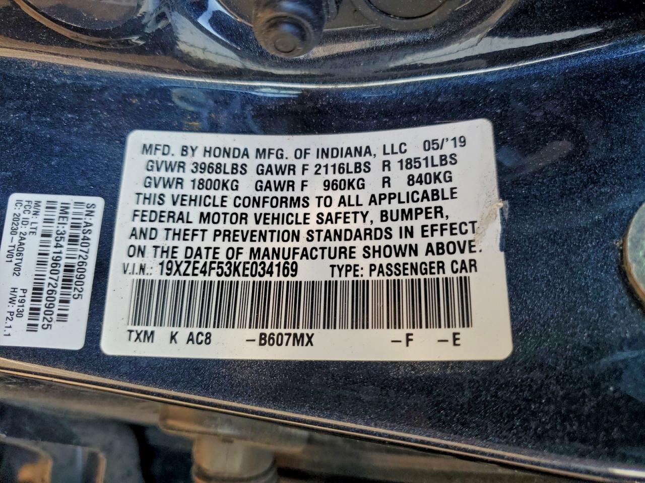 2019 Honda Insight Ex VIN: 19XZE4F53KE034169 Lot: 95194555