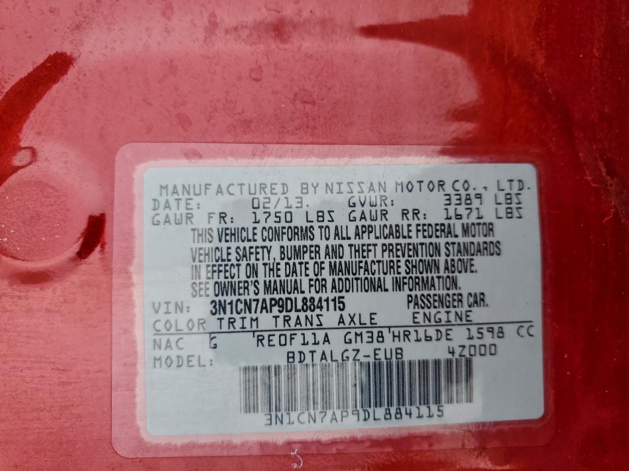 2013 Nissan Versa S VIN: 3N1CN7AP9DL884115 Lot: 94512095