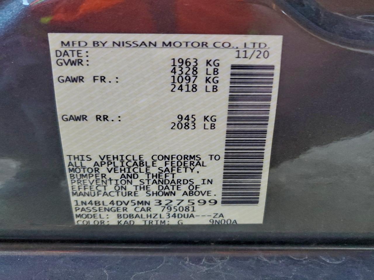 2021 Nissan Altima Sv VIN: 1N4BL4DV5MN327599 Lot: 96337985