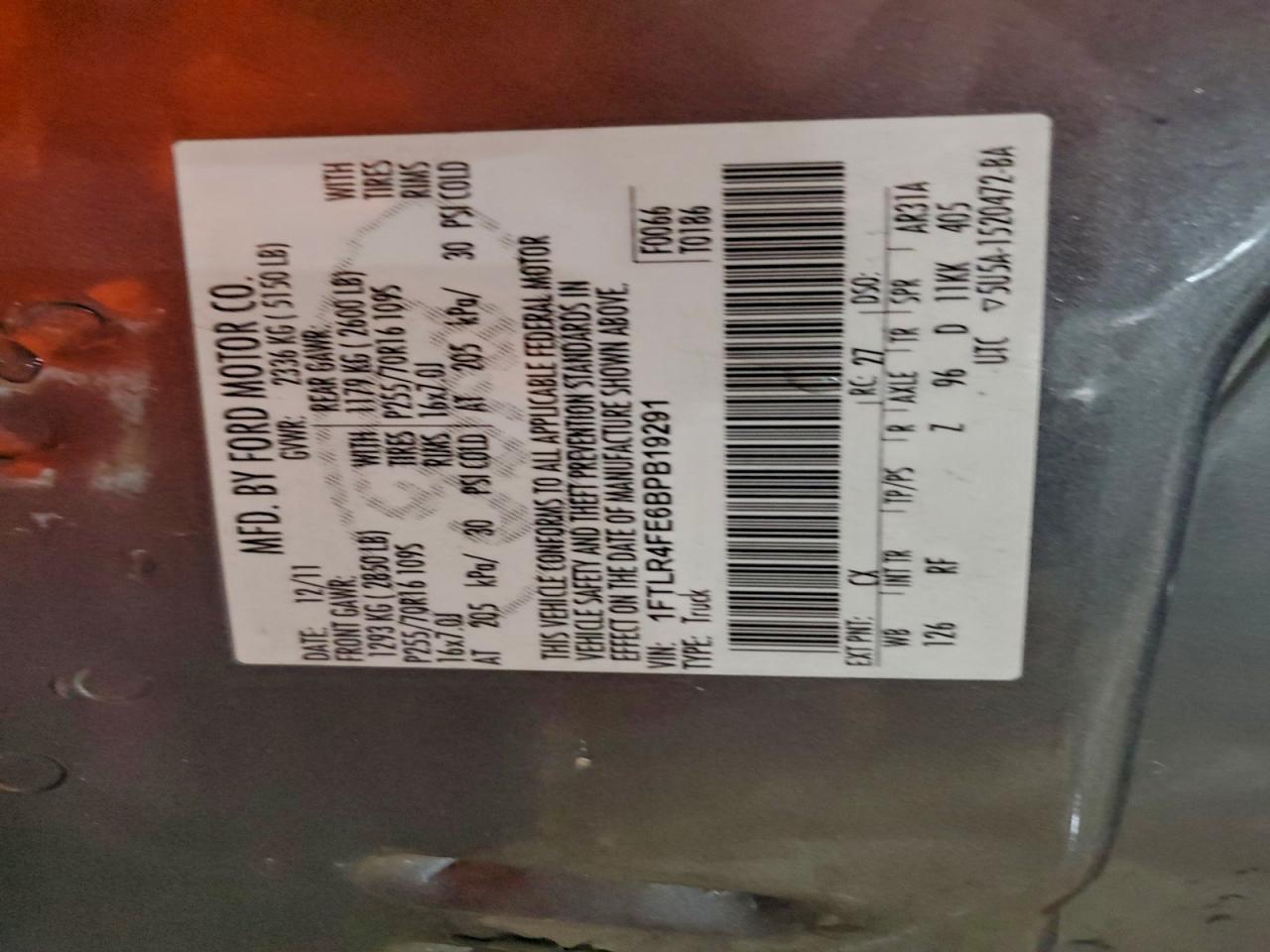 2011 Ford Ranger Super Cab VIN: 1FTLR4FE6BPB19291 Lot: 96253885