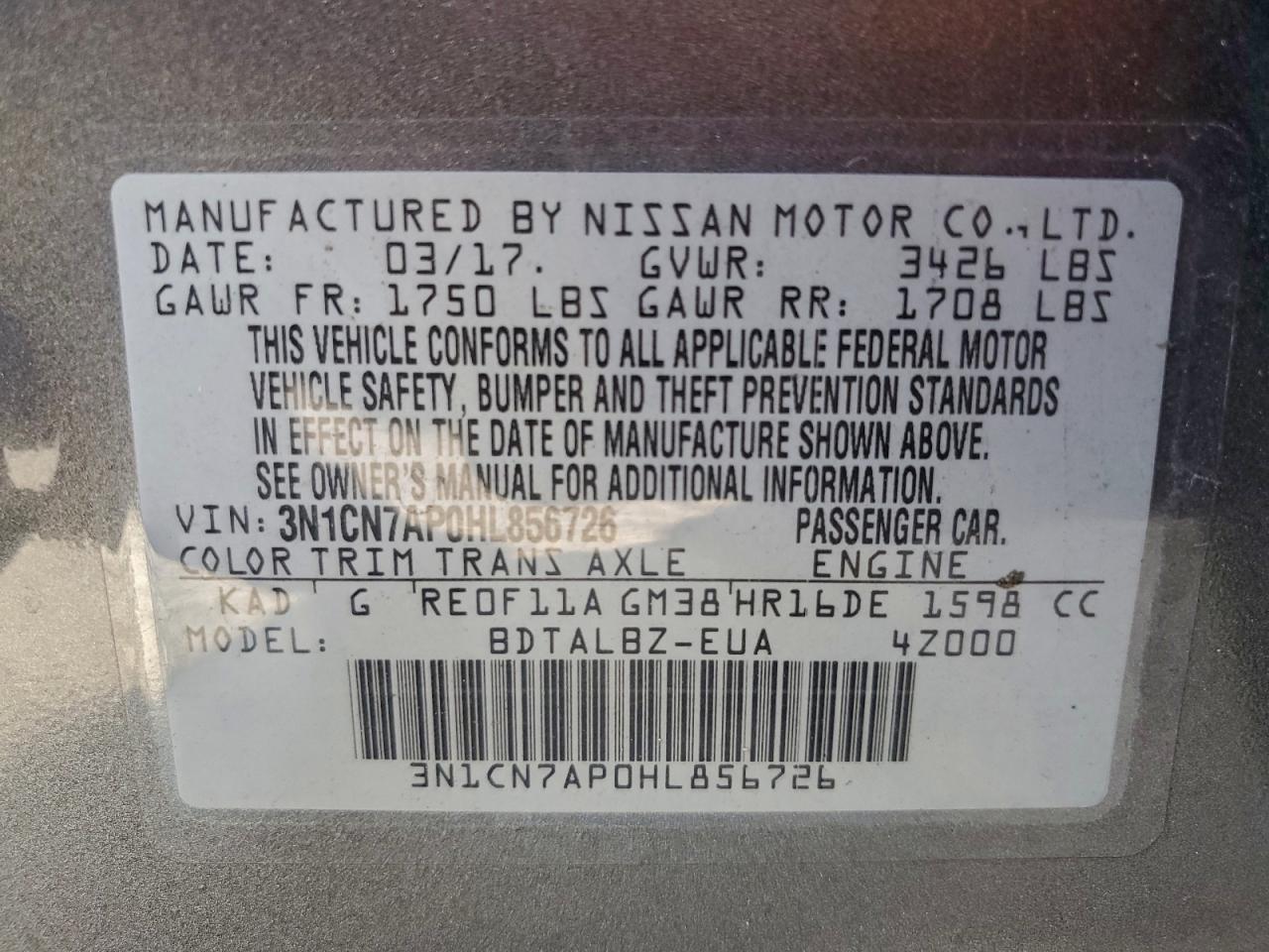 2017 Nissan Versa S VIN: 3N1CN7AP0HL856726 Lot: 97218245