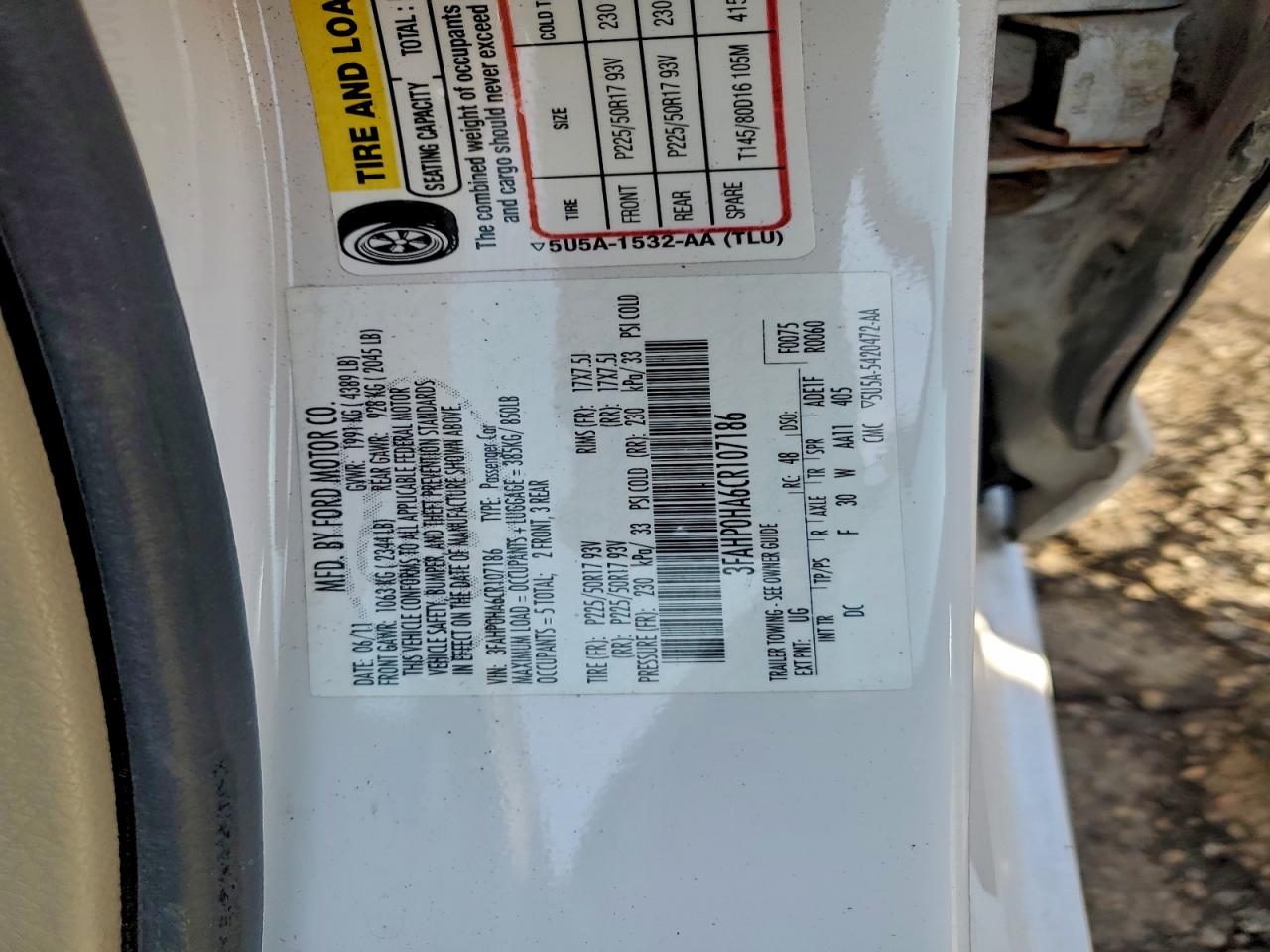 2012 Ford Fusion Se VIN: 3FAHP0HA6CR107186 Lot: 95884995