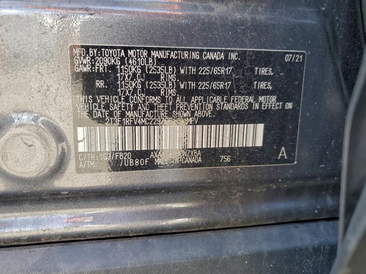 2021 Toyota Rav4 Le VIN: 2T3F1RFV4MC229766 Lot: 94339745