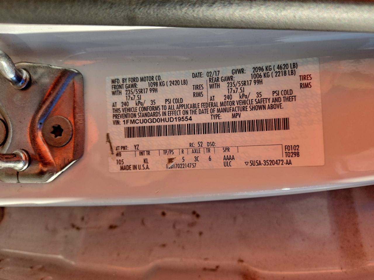 2017 Ford Escape Se VIN: 1FMCU0GD0HUD19554 Lot: 96352765