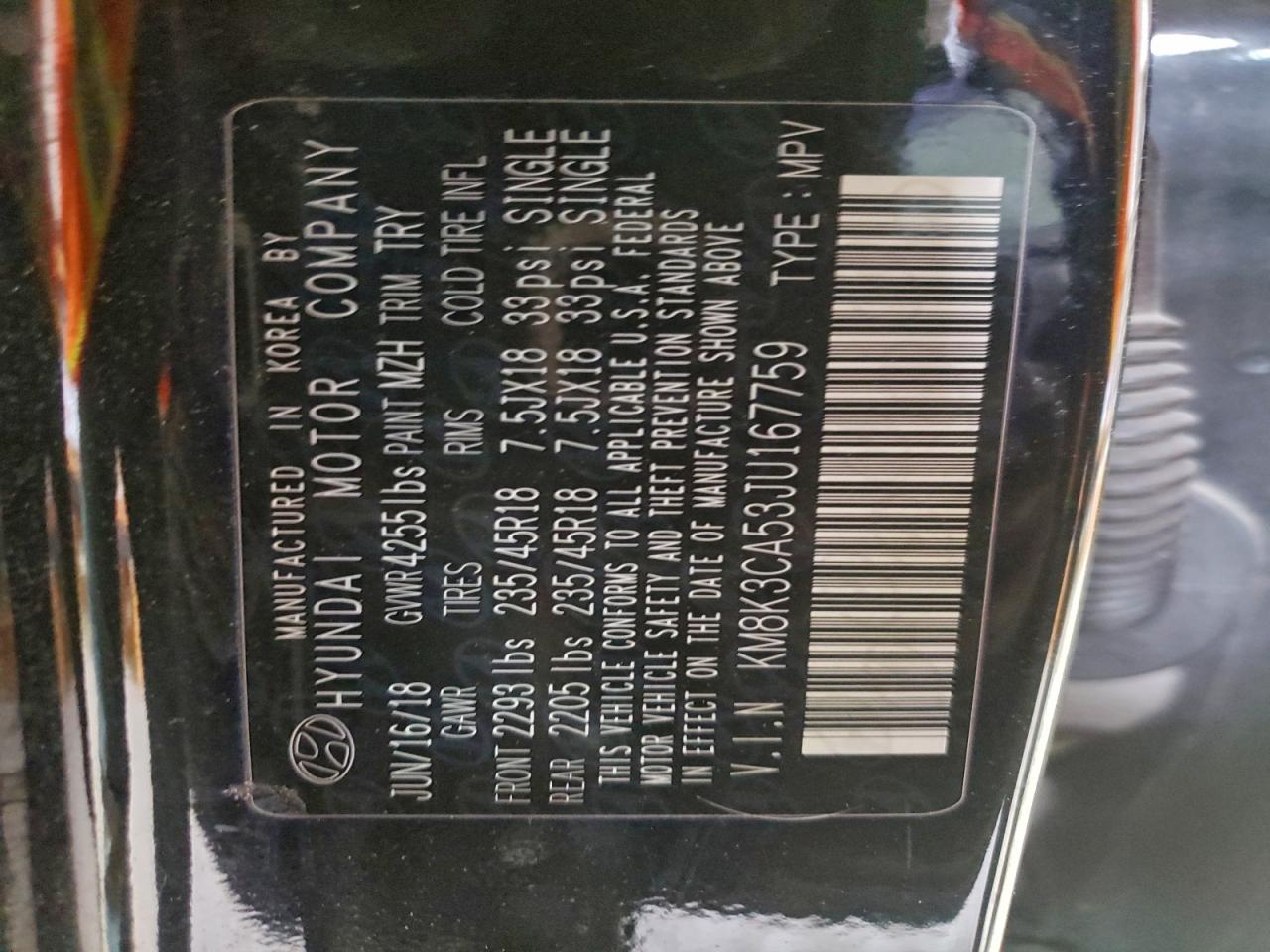 2018 Hyundai Kona Limited VIN: KM8K3CA53JU167759 Lot: 95879265