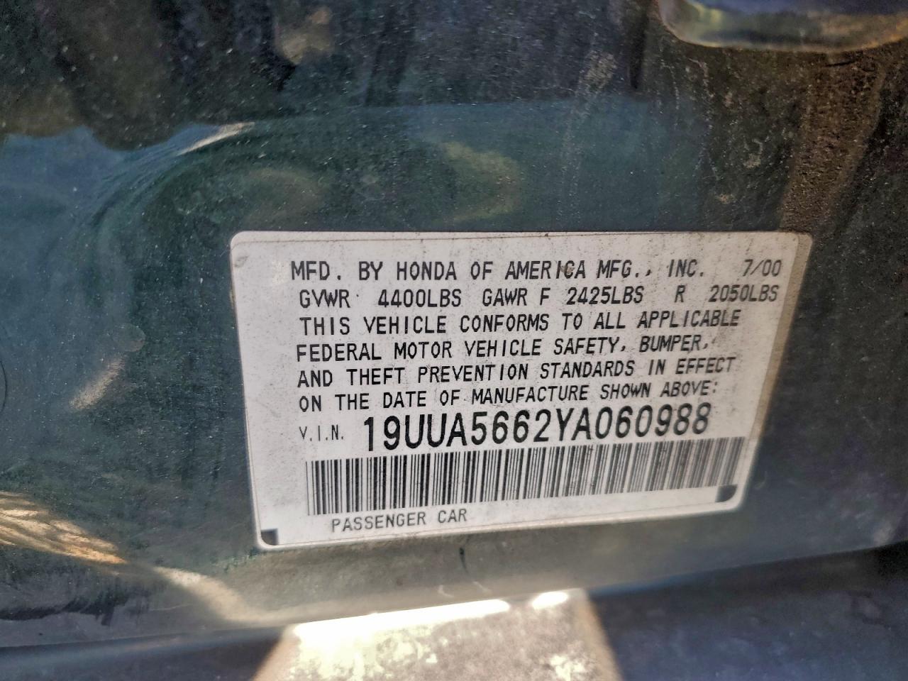 2000 Acura 3.2Tl VIN: 19UUA5662YA060988 Lot: 95005805