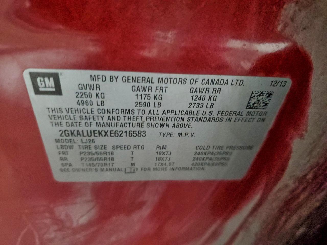 2014 GMC Terrain Denali VIN: 2GKALUEKXE6216583 Lot: 96144505