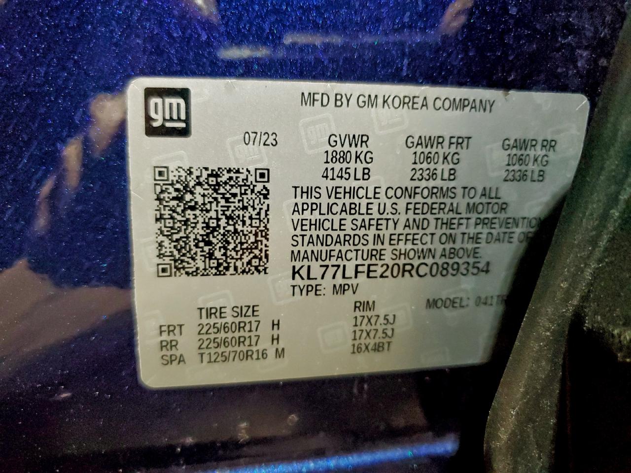 2024 Chevrolet Trax Ls VIN: KL77LFE20RC089354 Lot: 94808275