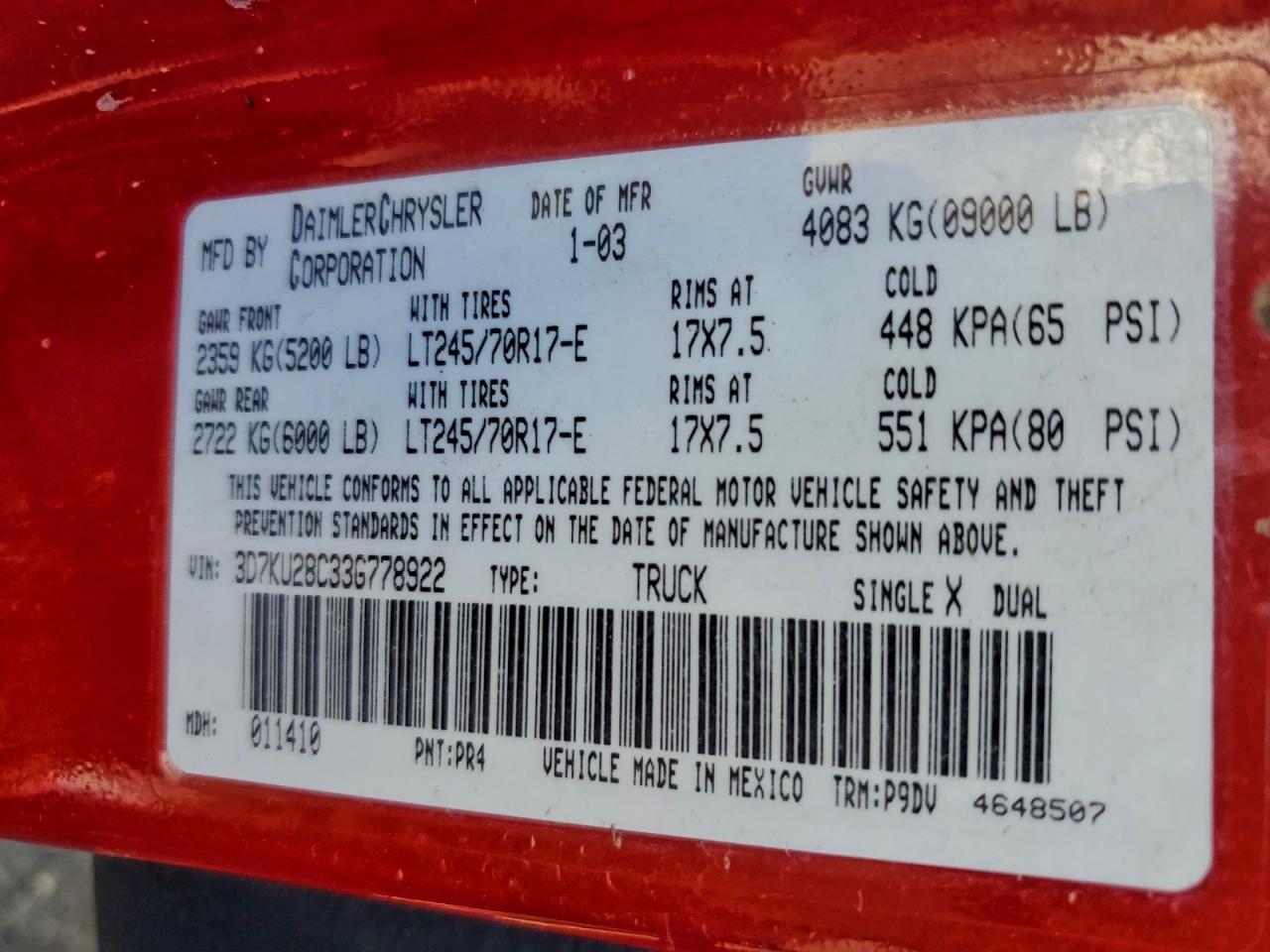 2003 Dodge Ram 2500 St VIN: 3D7KU28C33G778922 Lot: 95987525