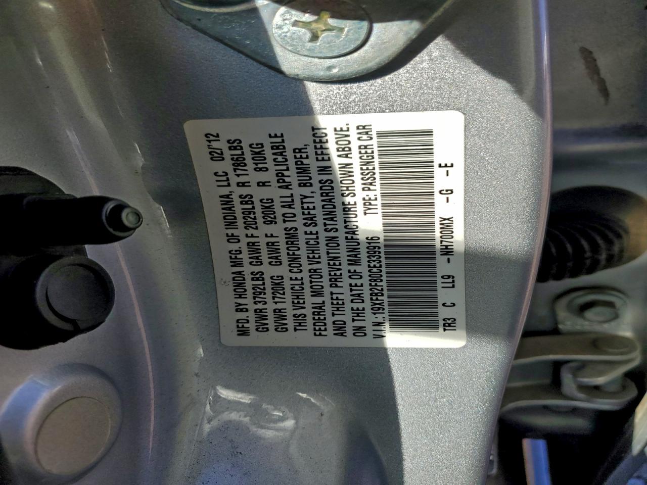 2012 Honda Civic Ex VIN: 19XFB2F80CE339916 Lot: 95113885