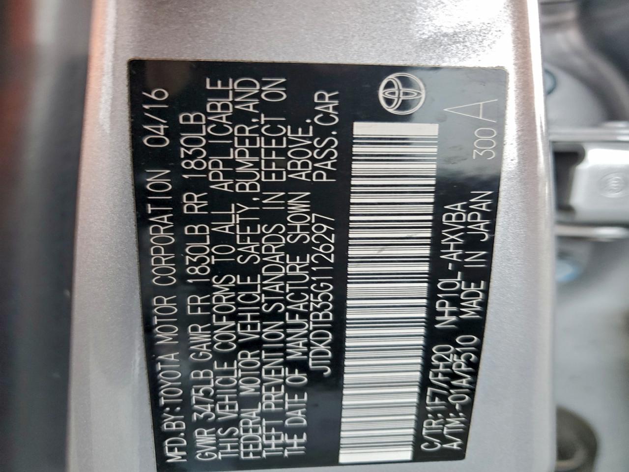 2016 Toyota Prius C VIN: JTDKDTB35G1126297 Lot: 95800395