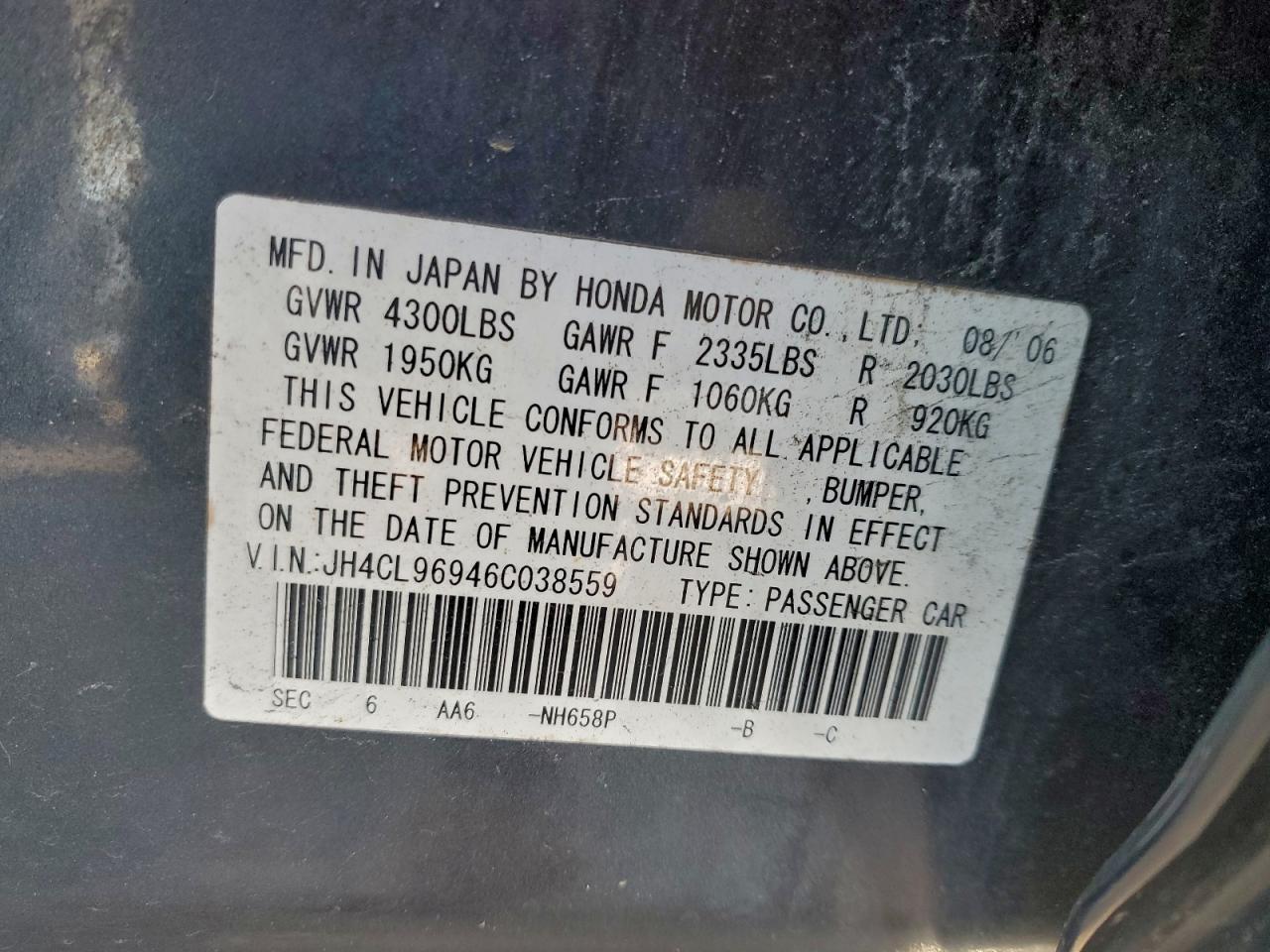 2006 Acura Tsx VIN: JH4CL96946C038559 Lot: 95074475