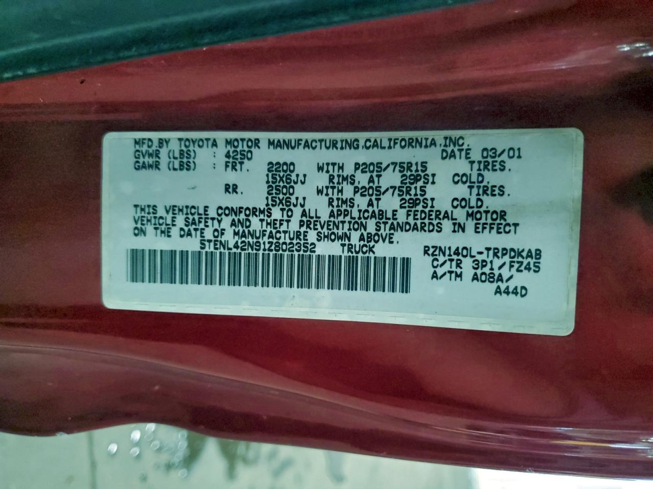 2001 Toyota Tacoma VIN: 5TENL42N91Z802352 Lot: 95311045