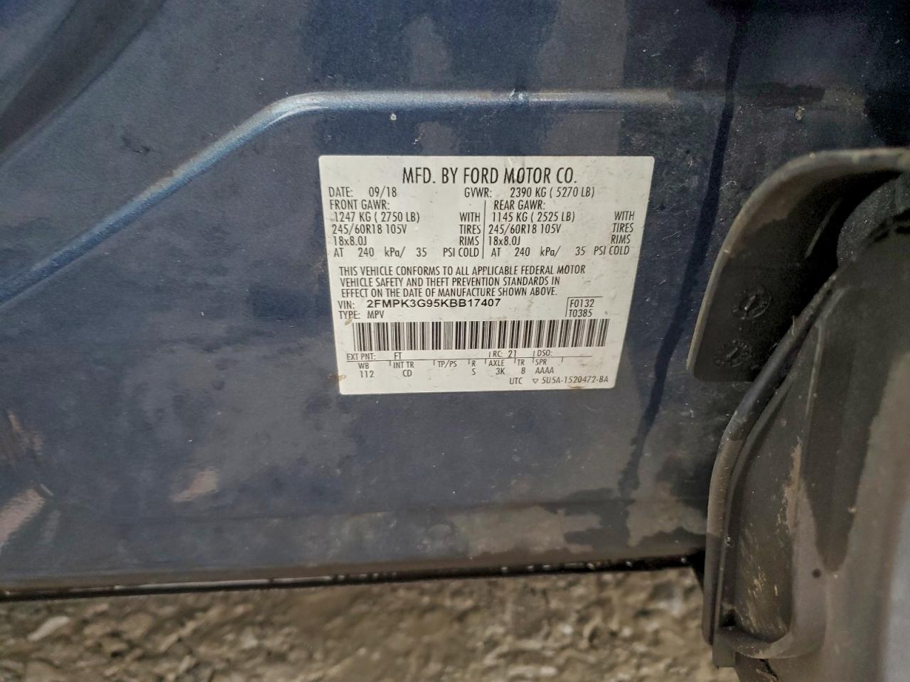 2019 Ford Edge Se VIN: 2FMPK3G95KBB17407 Lot: 95959845