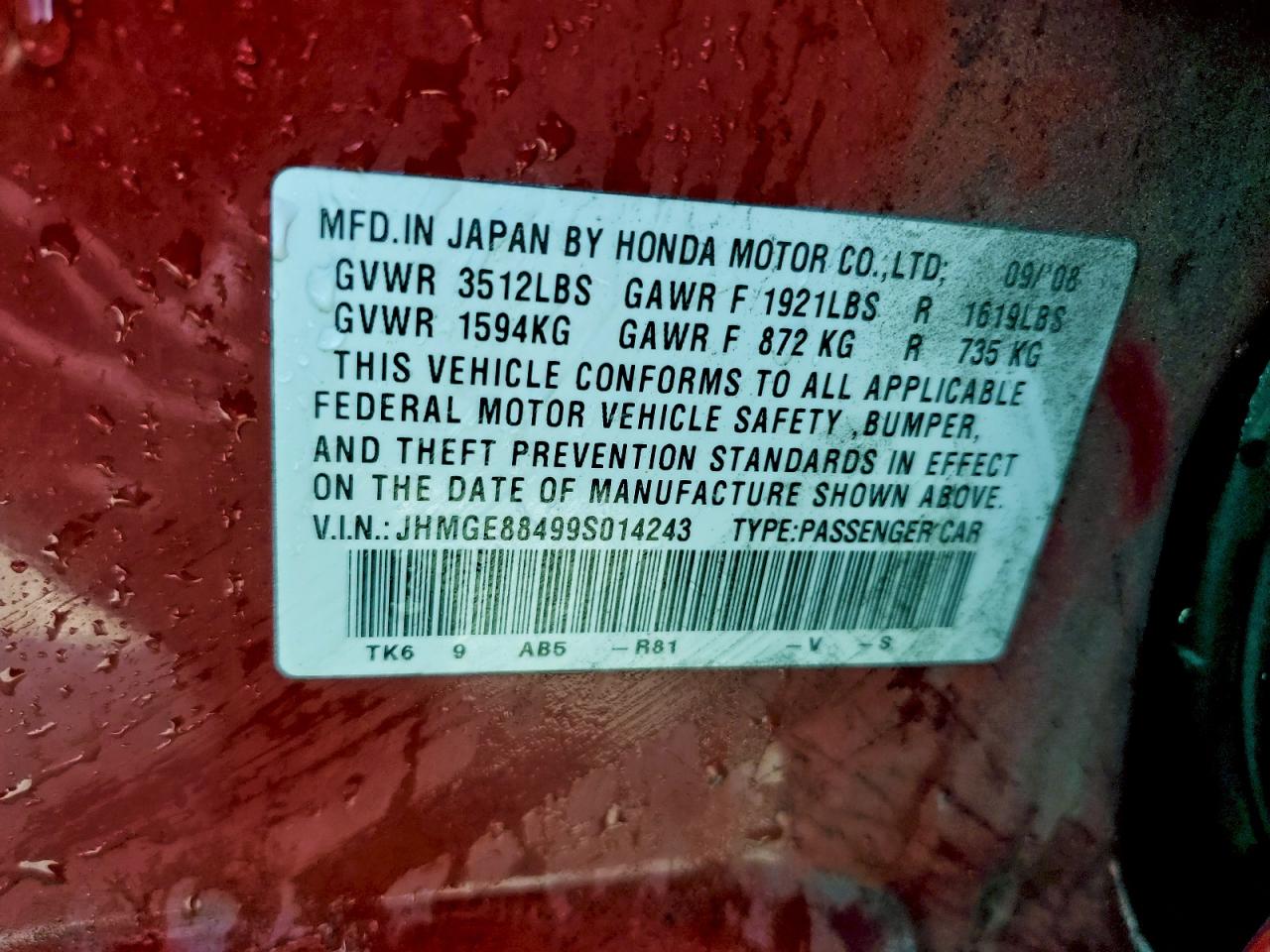 2009 Honda Fit Sport VIN: JHMGE88499S014243 Lot: 95554195