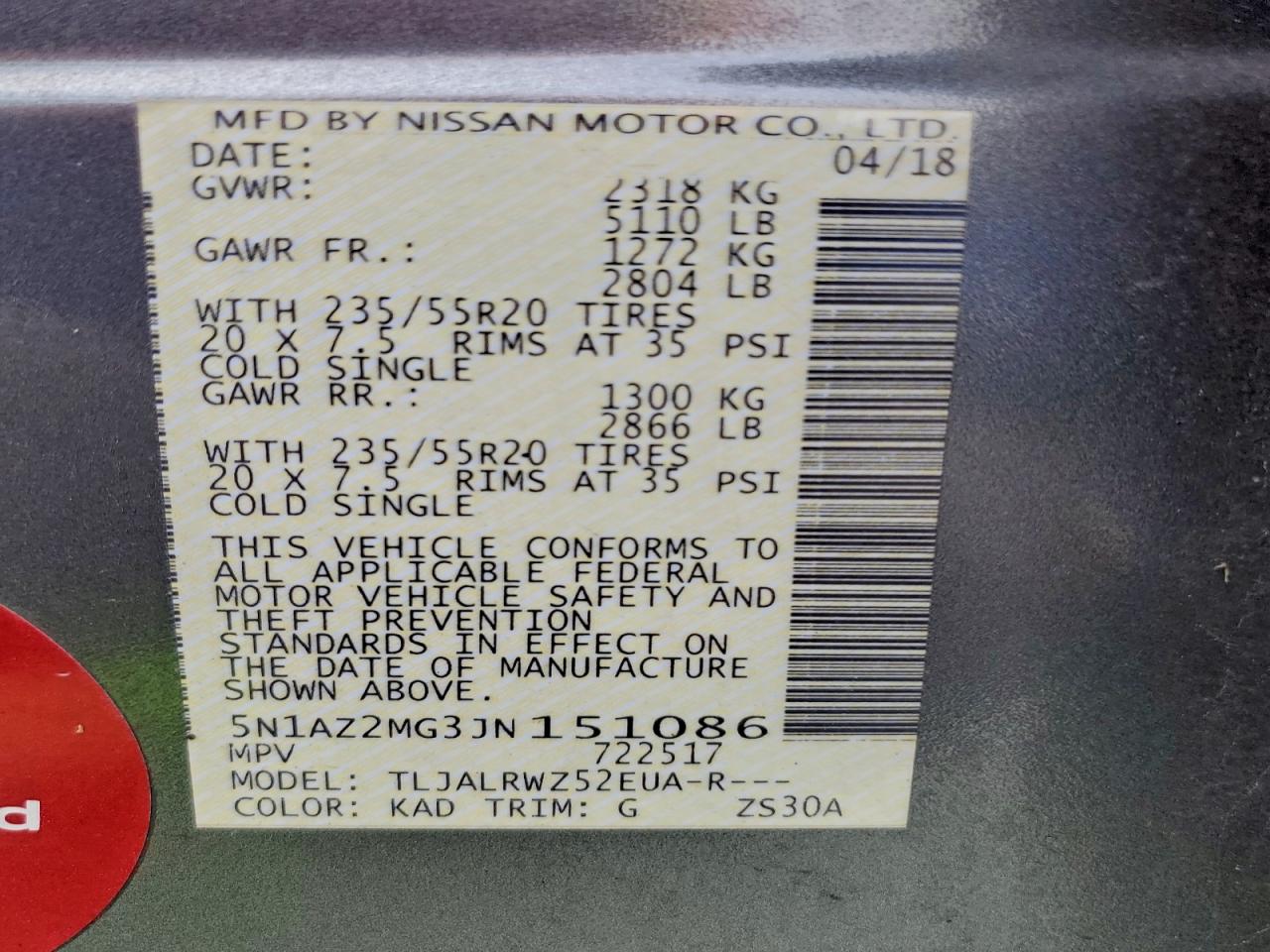 2018 Nissan Murano S VIN: 5N1AZ2MG3JN151086 Lot: 94877335