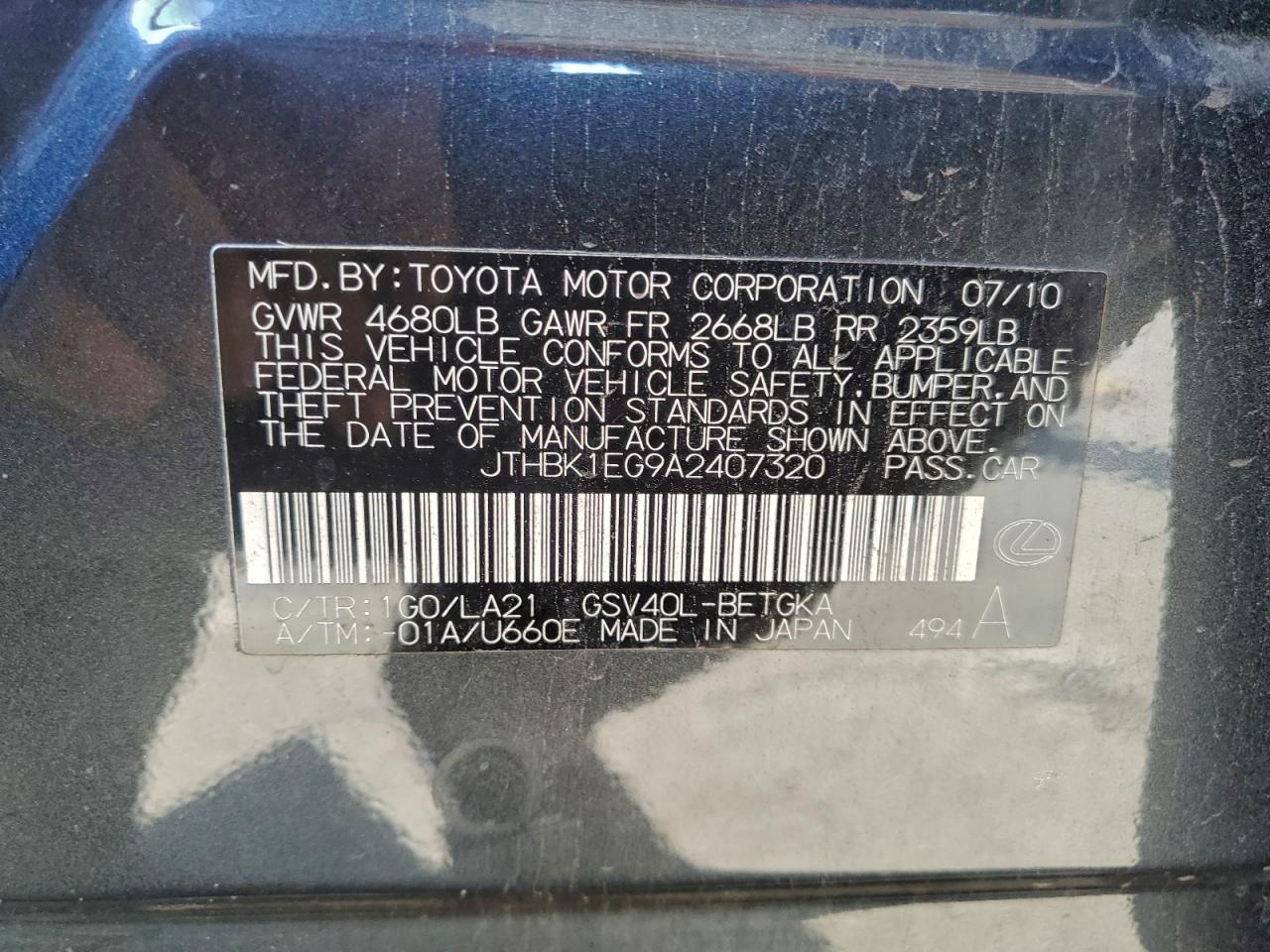 2010 Lexus Es 350 VIN: JTHBK1EG9A2407320 Lot: 94980125