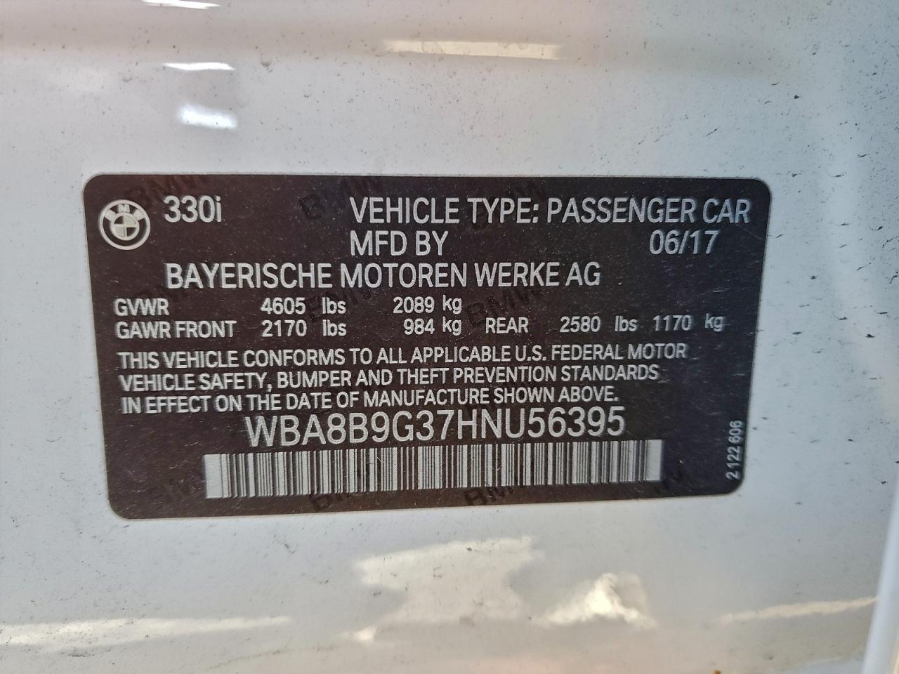 2017 BMW 330 I VIN: WBA8B9G37HNU56395 Lot: 96556325