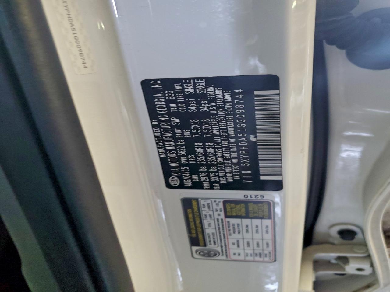 2016 Kia Sorento Ex VIN: 5XYPHDA51GG098744 Lot: 95269635