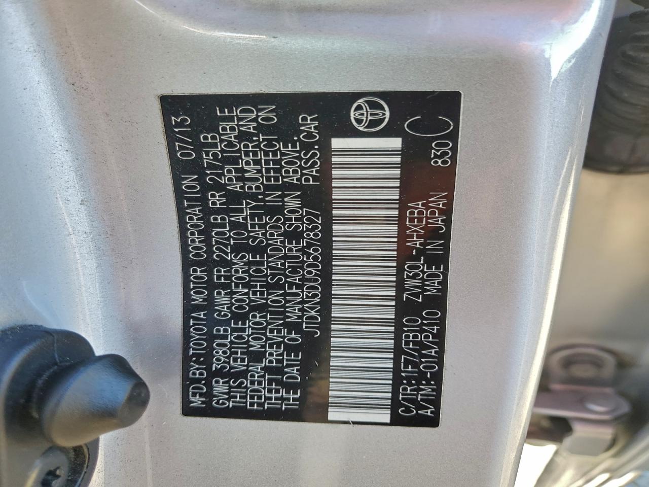 2013 Toyota Prius VIN: JTDKN3DU9D5678327 Lot: 95774565