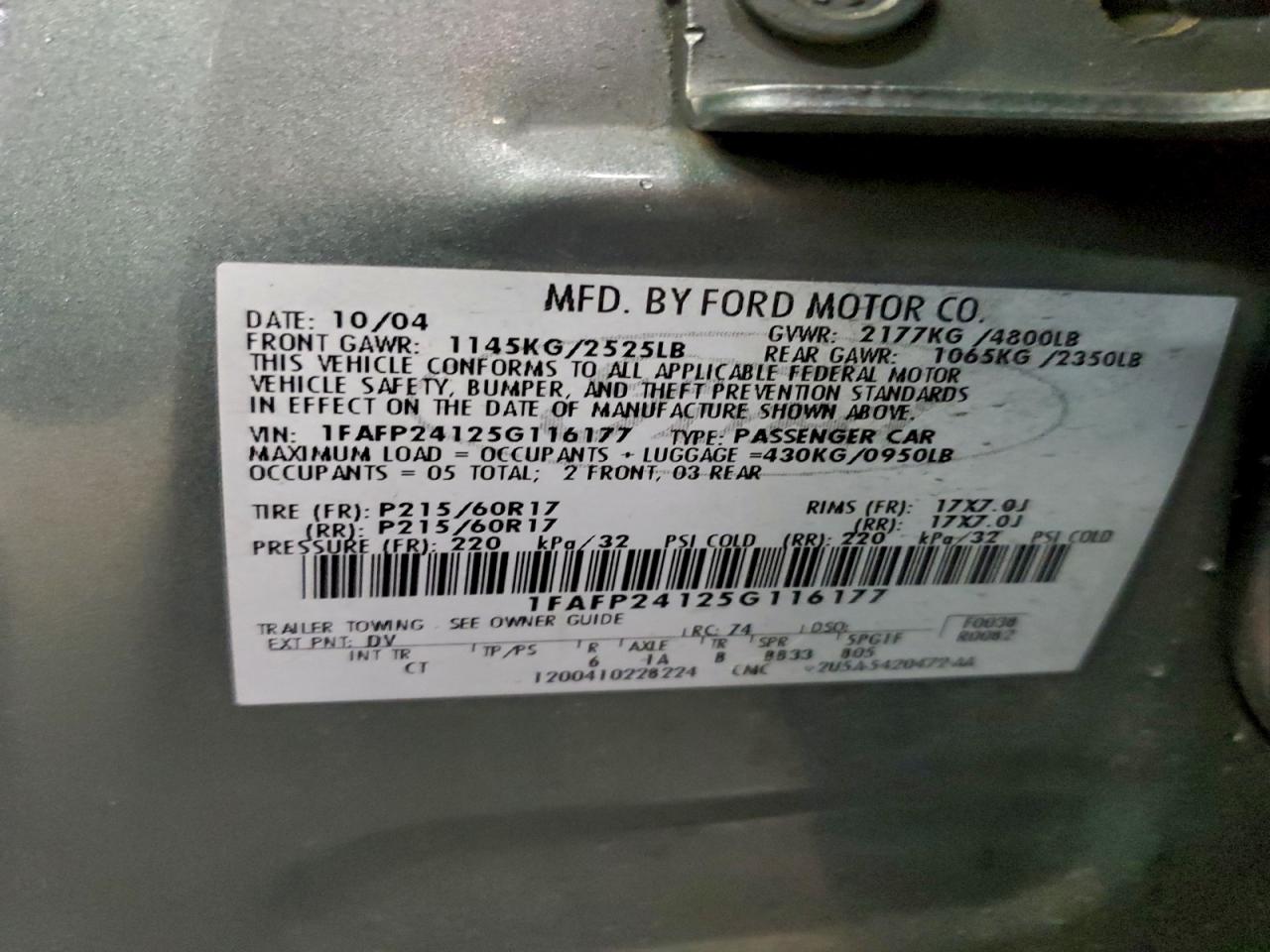 2005 Ford Five Hundred Sel VIN: 1FAFP24125G116177 Lot: 94828145