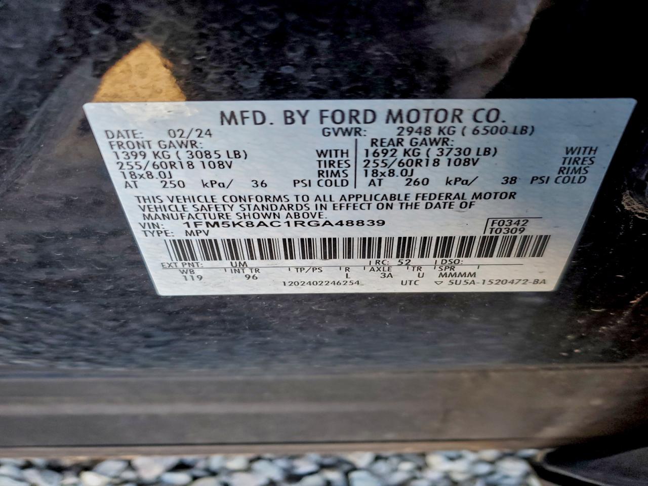 2024 Ford Explorer Police Interceptor VIN: 1FM5K8AC1RGA48839 Lot: 94805765