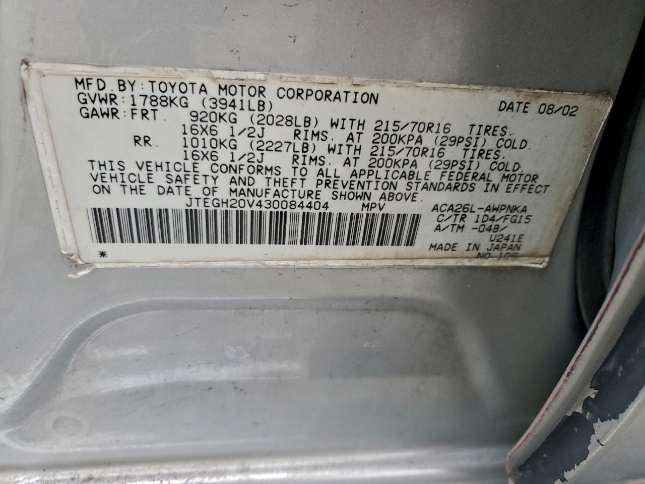 2003 Toyota Rav4 VIN: JTEGH20V430084404 Lot: 95031925