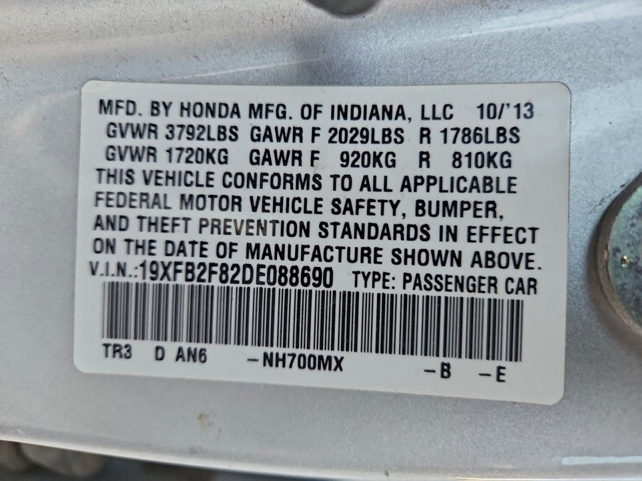 2013 Honda Civic Ex VIN: 19XFB2F82DE088690 Lot: 95014085