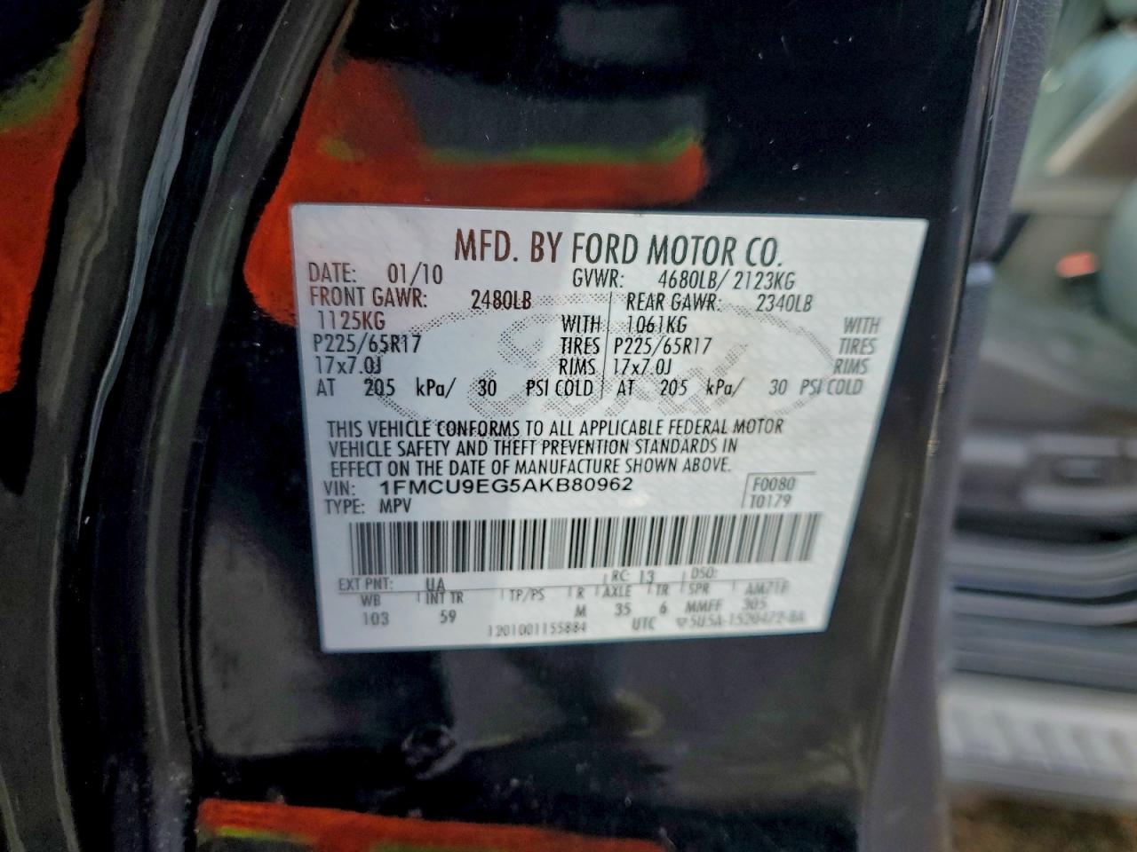 2010 Ford Escape Limited VIN: 1FMCU9EG5AKB80962 Lot: 96904415