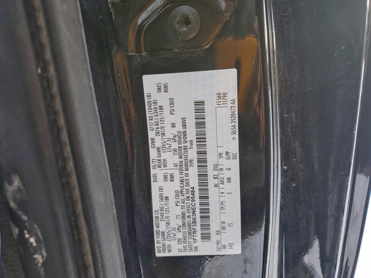 2022 Ford F350 Super Duty VIN: 1FTRF3B63NEC95484 Lot: 95909855