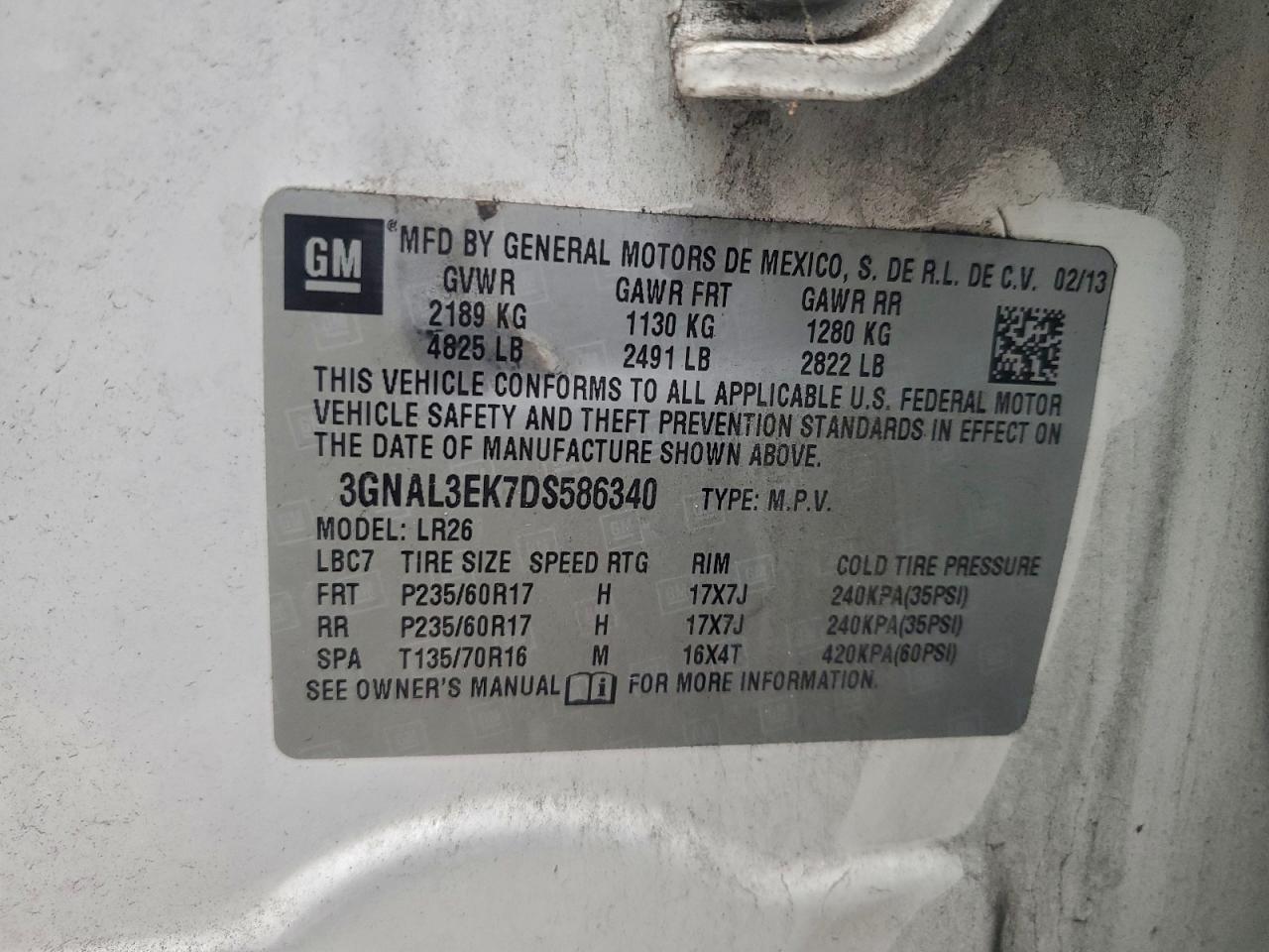 2013 Chevrolet Captiva Lt VIN: 3GNAL3EK7DS586340 Lot: 94235735