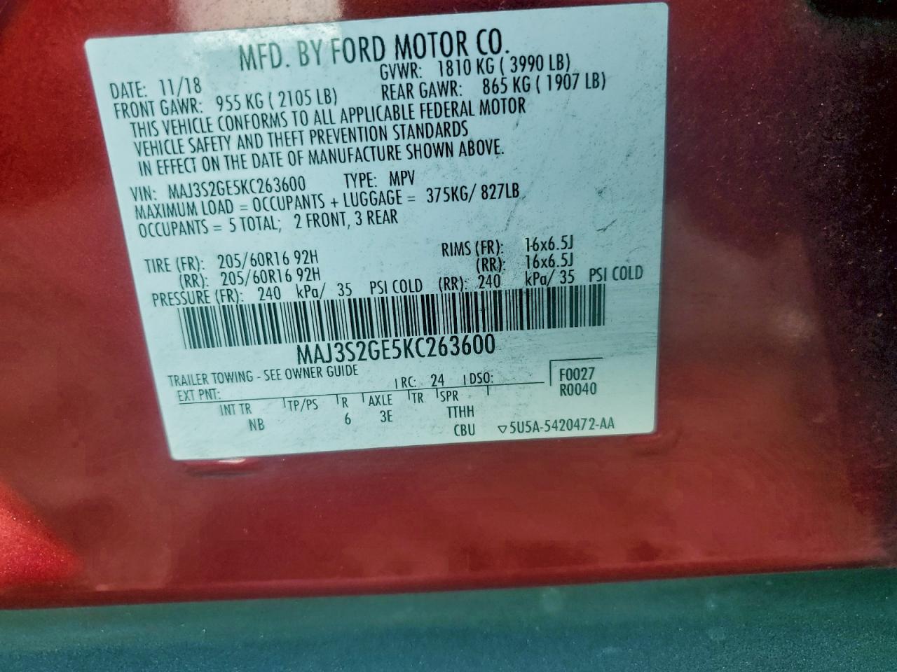 2019 Ford Ecosport Se VIN: MAJ3S2GE5KC263600 Lot: 95114545