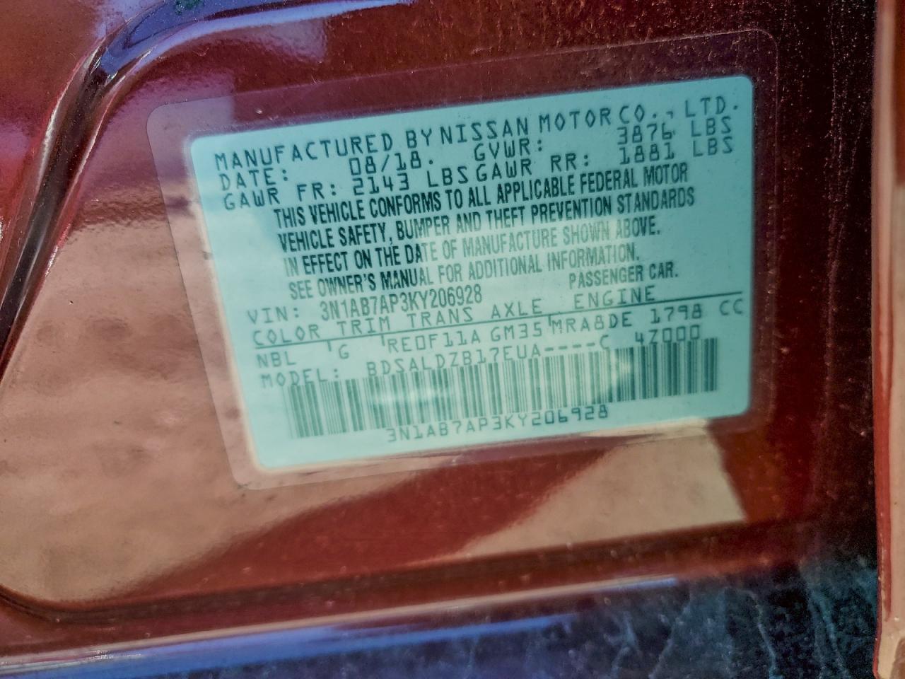 2019 Nissan Sentra S VIN: 3N1AB7AP3KY206928 Lot: 93916845