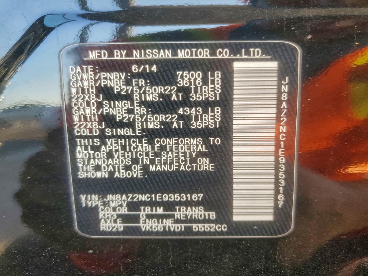 2014 Infiniti Qx80 VIN: JN8AZ2NC1E9353167 Lot: 96562975