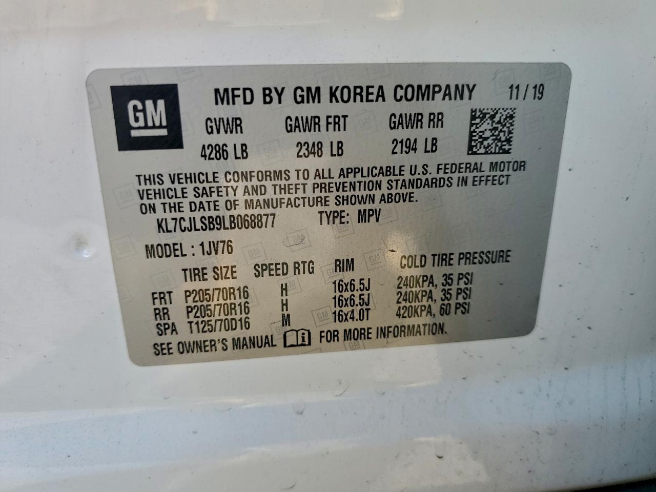 2020 Chevrolet Trax 1Lt VIN: KL7CJLSB9LB068877 Lot: 94480895